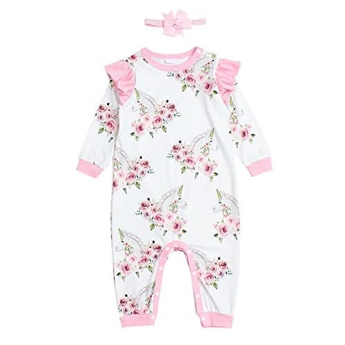 Hopscotch Girls Full-Sleeve Floral Print Romper Bodysuit With Headband In White Color For Ages 12-18 Months