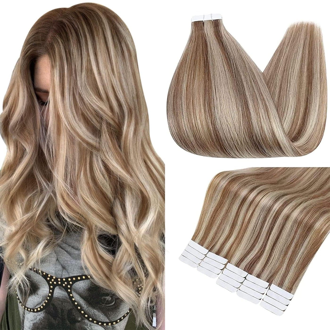Full Shine Human Hair Tape in Extensions Color 10 Highlights 613 Bleach Blonde Real Human Hair 14 Inch Seamless Skin Weft Tape ins Straight Human Hair Extensions 20Pieces 50Grams Tape in Extensions