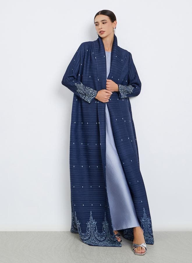 Floral Printed Textured Pleated Long Sleeve Abaya