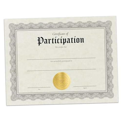 Hill Valley Greetings Certificate of Participation - 30 Fill in Award Certificates with Gold Foil Embossed Seals