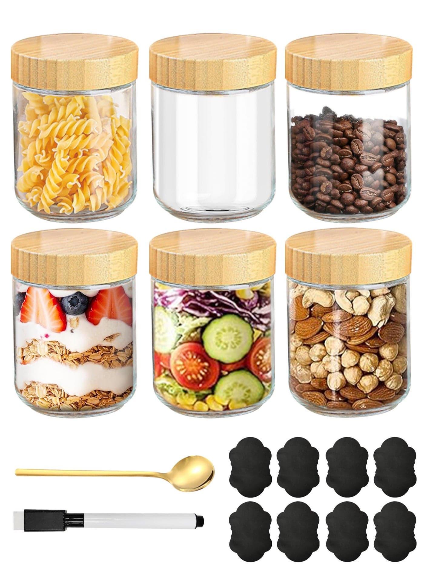 6-pack 16oz/480ml Glass jars with Airtight Lids, Overnight Oats Containers with Bamboo Lids, Wide mouth Mason Salad jars, Glass Food Storage Containers with 1PCS Spoon,1PCS Pen and 8PCS Chalkboard Labels for Snacks Yogurt Spice Sugar