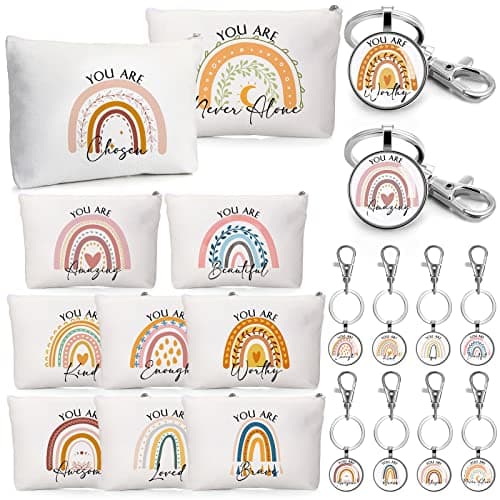 Sieral 20 Pcs Bulk Inspirational Gifts for Women Canvas Makeup Bags Cosmetic Bag Toiletry Pouch with Keychain Appreciation Return Gifts for Girls Employee Nurse Teacher Friend Birthday(Rainbow)