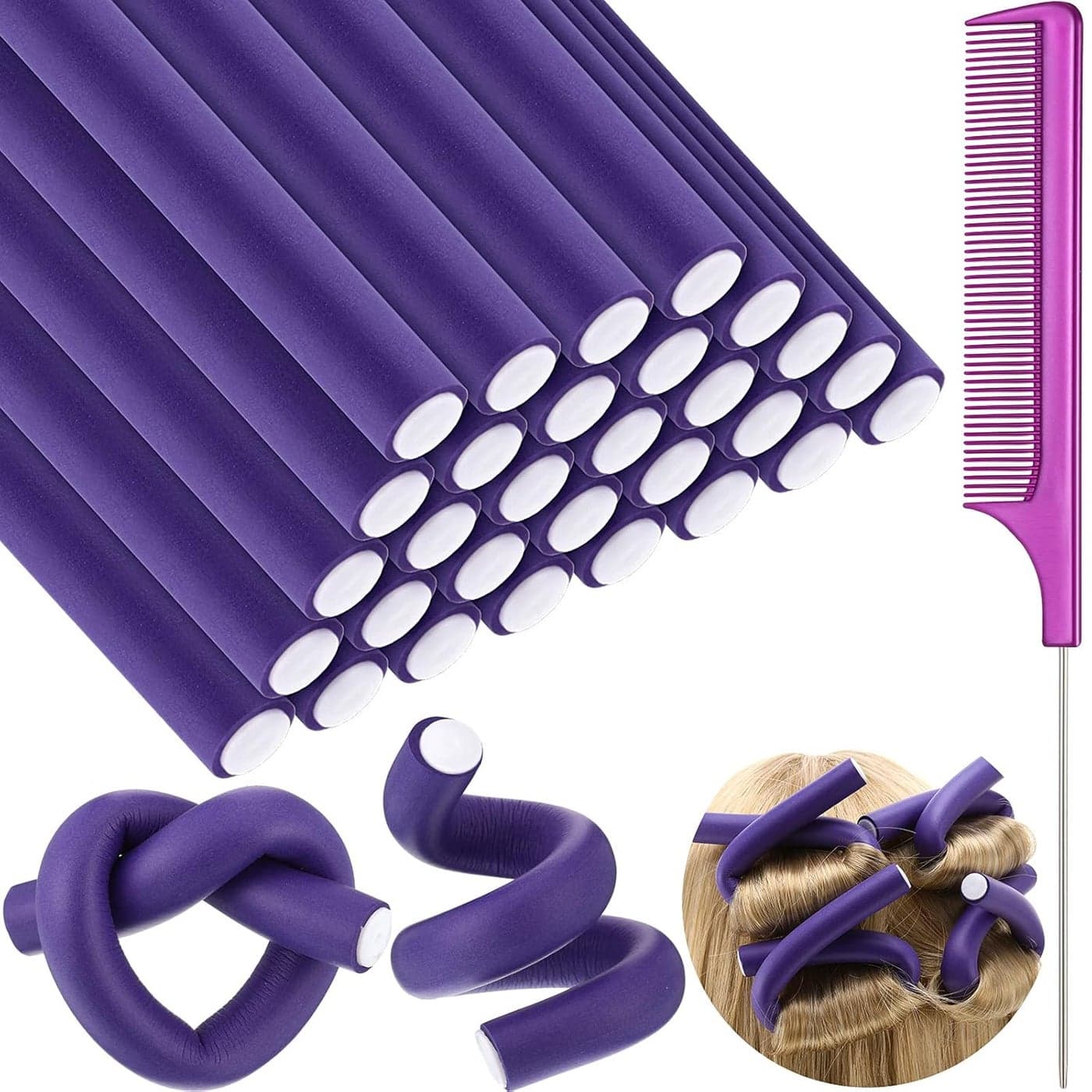 30 Pieces Flexible Curling Rods Twist Foam Hair Rollers Soft Foam No Heat Hair Rods Rollers and 1 Steel Pintail Comb Rat Tail Comb for Women Long and Short Hair7 x 08 InchPurple