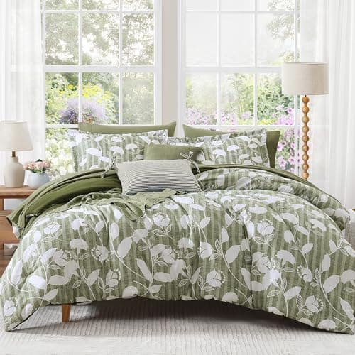BLOOMHAVEN King Comforter Set -7 Pieces Olive Green Floral Comforter Set for All Seasons, Bed in a Bag King with Botanical Flowers Comforter, Sheets, Pillowcases & Shams