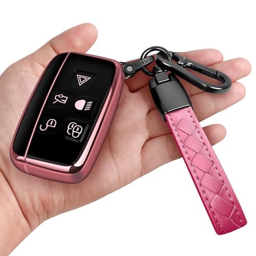 Sindeda for Land Rover Key Fob Cover with Keychain Soft Full Protection Key Shell Key Case Compatible with Land Rover LR4 Range Rover Sport Evoque Jaguar XF XJ XJL F-pace (Pink)