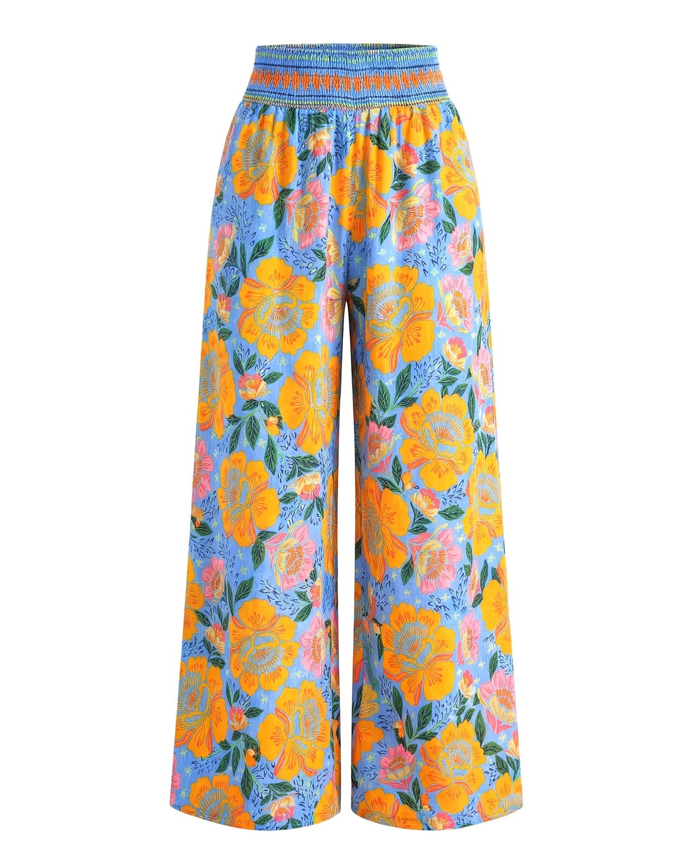 BTFBM Wide Leg Pants Woman 2026 Summer Smocked Waist Floral Pant Resort Wear Spring Beach Vacation Clothes for Women(Light Blue, Small)