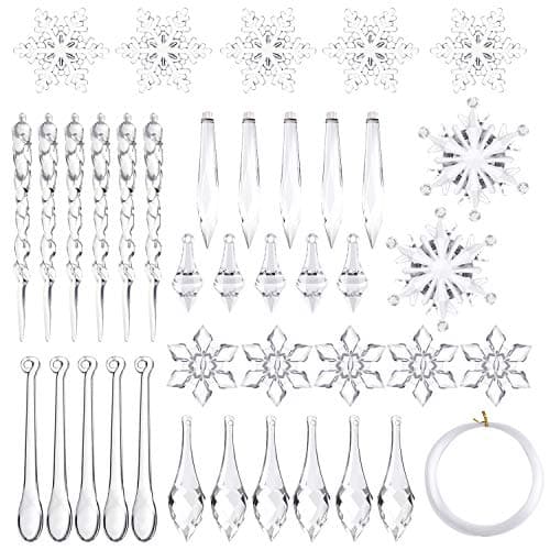 FEPITO 85 PCS Christmas Decoration Acrylic Snowflake Icicles Christmas Tree Icicle Snowflake with Crystal Line Ornaments Set for Christmas Party Decorations