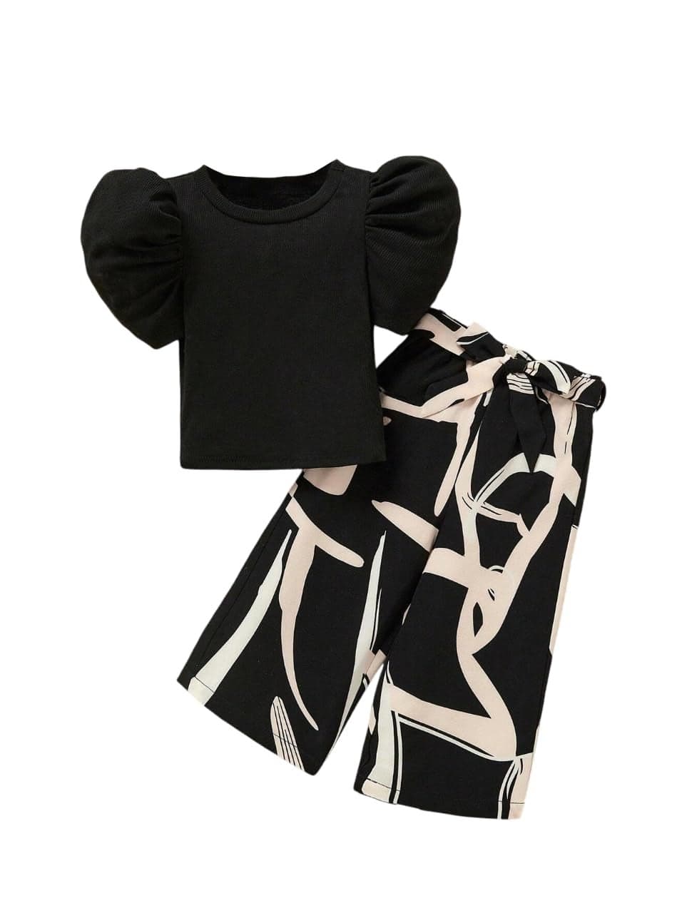 TAGAS Girl Summer Casual Top Puff Sleeve and Printed Long Pants 2pcs Outfit || Two-Piece Set FOR GIRLS || girls dress ||Clothing Set for girls || fansy dress for girls ||(GTP-59)