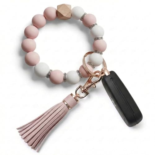 BIHRTC Keychain Wristlet Silicone Beaded Bracelet Key Ring Bracelet Wristlet Keychain Elastic Beaded Bangle Key Chains for Women with Leather Tassel House Car Key Ring Holder