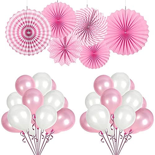 Pop The Party Pink Paper Hanging Fan With White and Pink Balloon for use of Birthday Party Decoration Items | Anniversary Baby Shower Engagement Bridal Shower Backdrop Party Decoration Kit