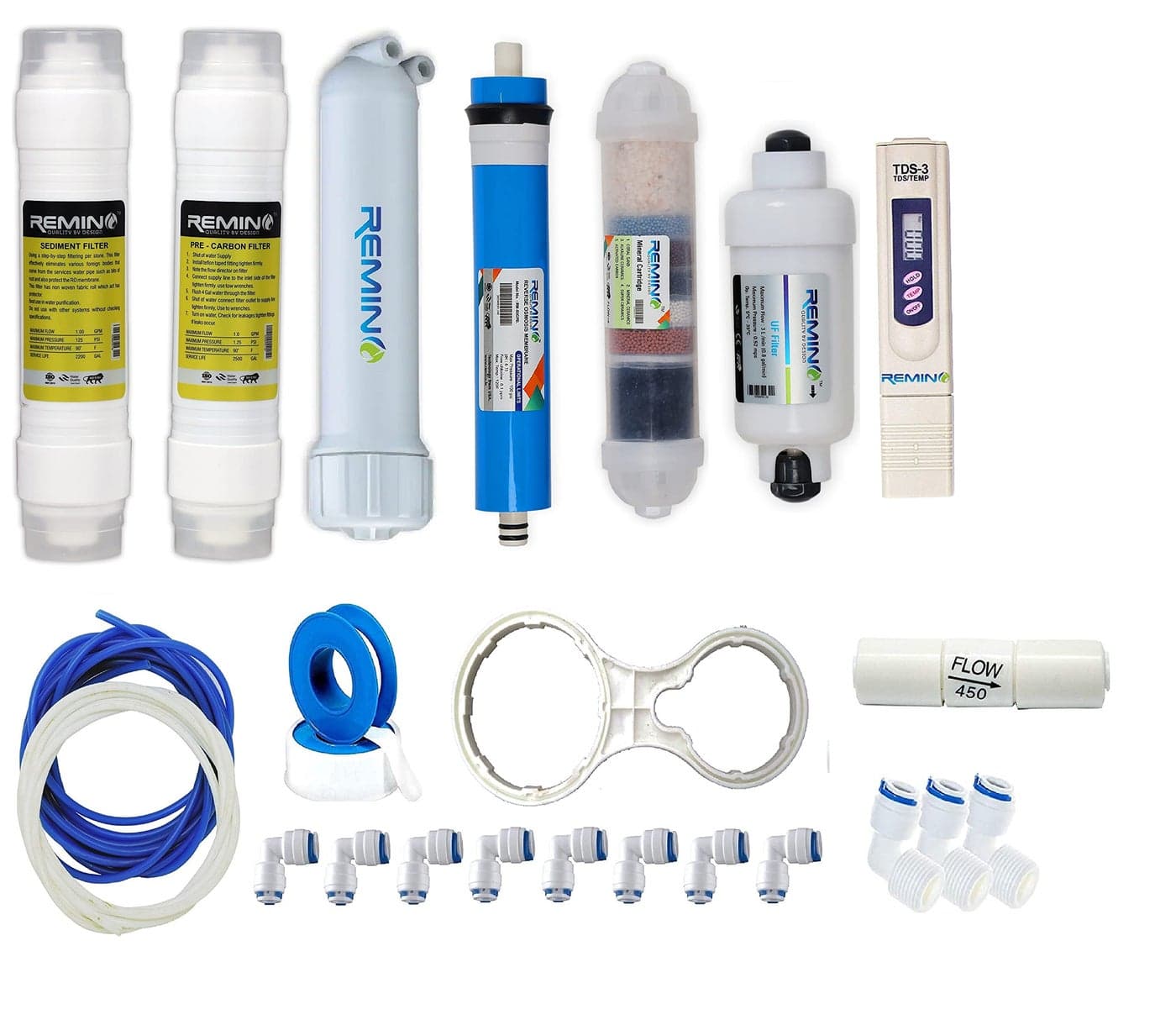 Remino complete Ro purifier filter service kit of 100 GPD membrane water with all accessories (Full Service KIt With 02 Inline)