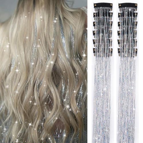Silver Hair Tinsel 12Pcs Clip in Hair Tinsel Kit 20.5 Inch Fairy Hair Tinsel Kit Heat Resistant Silver Hair Accessories Glitter Hair Extensions for Christmas Halloween Cosplay Party