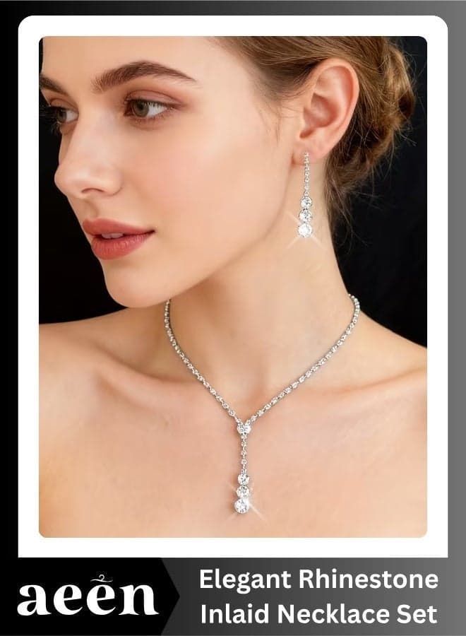 Elegant Rhinestone Inlaid Necklace & Earrings Set for Women | Simple Luxury Jewelry Set for Wedding, Gift for Mother, Daughter, Wife, Teens & Friends
