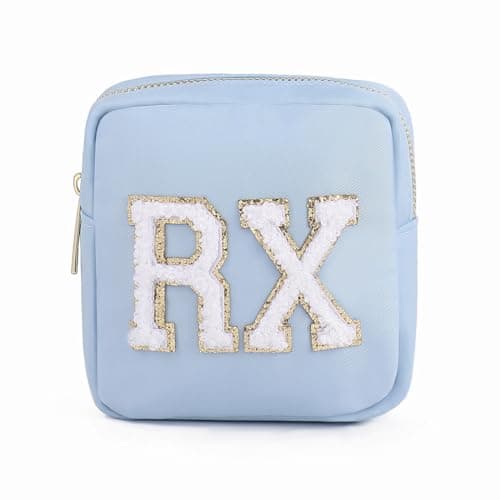 uekeboag Personalized Small Nylon Rx Cosmetic Bag, Cute Chenille Letter Patch Medicine Drug Pouch with Zipper,Preppy Makeup Travel Vitamin Bag for Women and Girls(Light Blue)