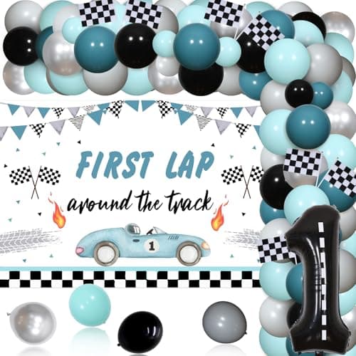 Race Car First Birthday Party Decorations Vintage Fast One Birthday Decorations for Boys First Trip Around the Track Backdrop Retro Lets Go Racing Balloon Garland Kit