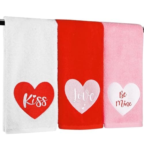 Quera 3 Pack Valentine's Day Hand Towels Kiss Love Be Mine 100 Percent Cotton Embroidered Premium Luxury Decor Bathroom Decorative Dish Set for Drying, Cleaning, Cooking, 13.7 "X 29.5"