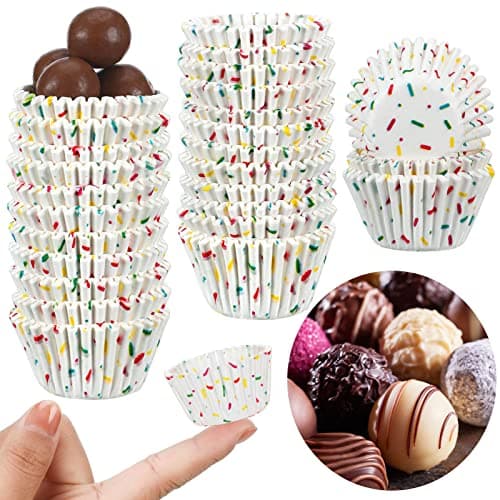 Funtery 600 Count Icing Design Mini Cupcake Liner Baking Cups Paper Small Candy Cups Making Supplies Baking Cupcake Liner Holiday Muffin Chocolate Making Wrappers Supplies Candy Paper(White)