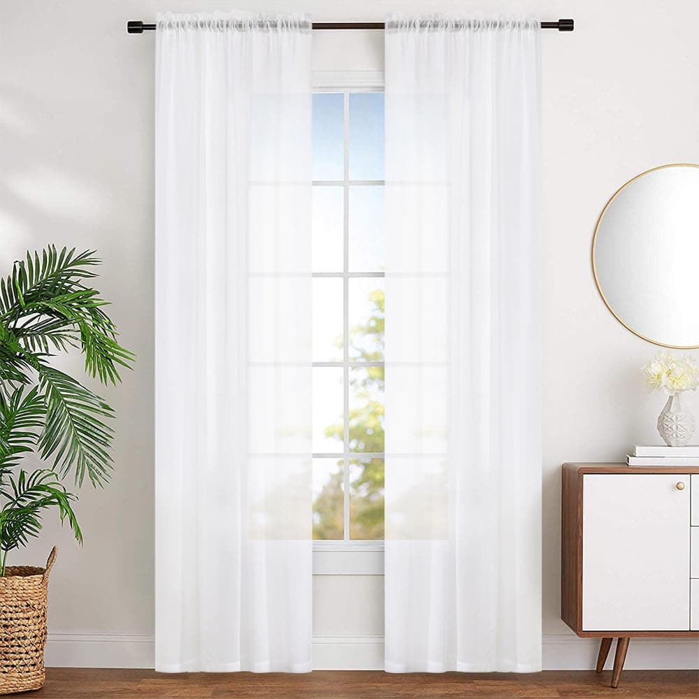 MYSTICHOME Sheer Curtains White 95 Inches Long Window Treatments Rod Pocket Drapes for Living Room Bedroom Semi Crinkle Voile Curtain Panels for Yard Patio Villa Parlor Set of 2 52Wx95L