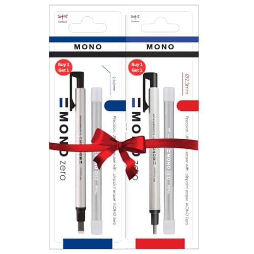 Tombow Limited Edition Pack Buy 1 and Get 1 Free Mono Zero Eraser Value Pack_ Round 2.3 mm and Flat 2.5 mm Silver| Precision Tip Eraser with Refills