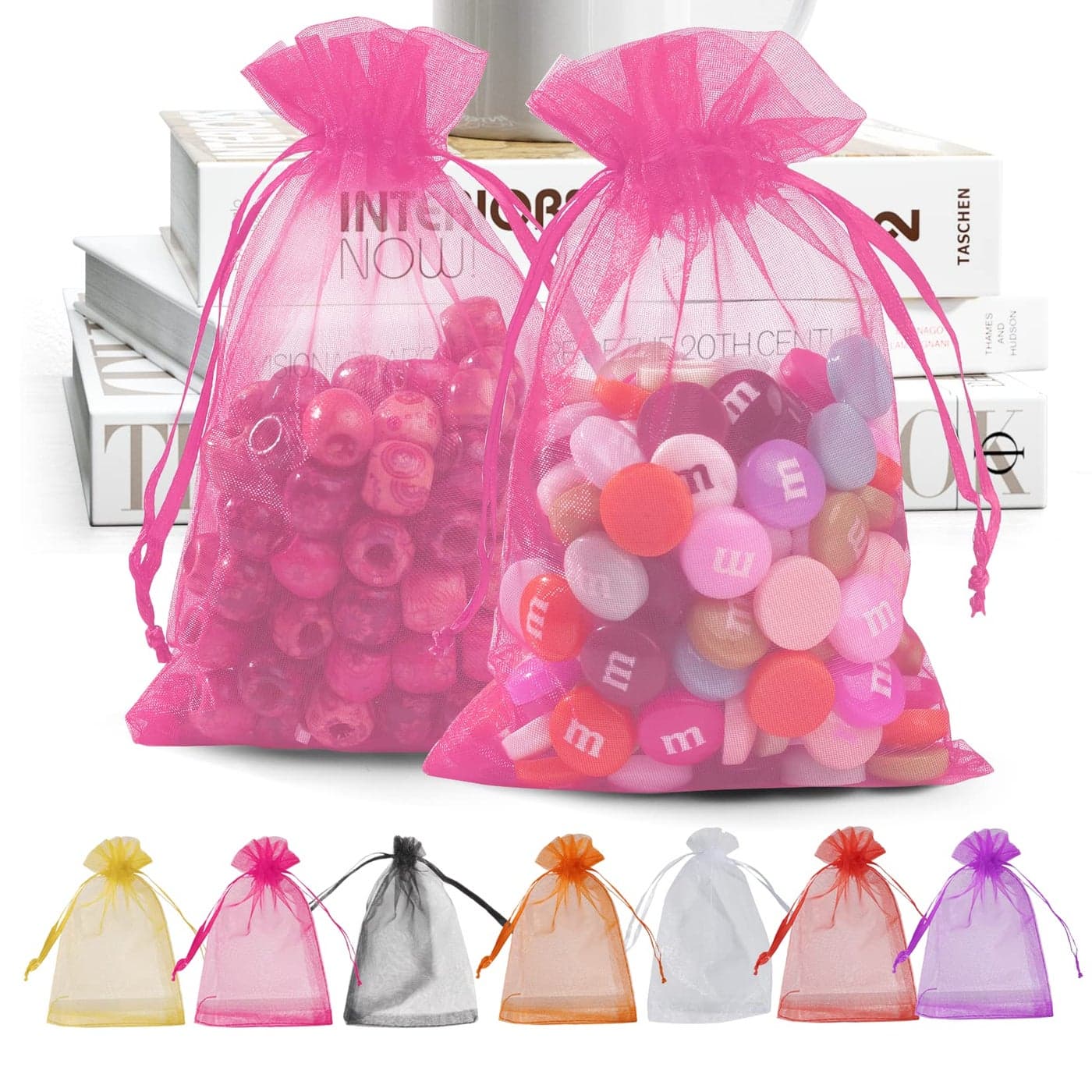 ANZNKU 50 Pack Organza Bags 4 x 6 inch Premium Sheer Drawstring Organza Bags for Candy Jewelry Party Wedding Christmas Favor Gift Bags Pink
