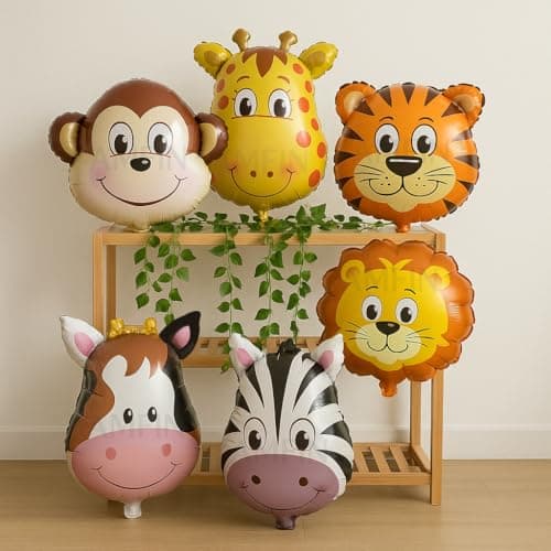 AMFIN (Pack of 6) Big Size Animal Face Foil Balloons for Jungle Theme Party Decoration