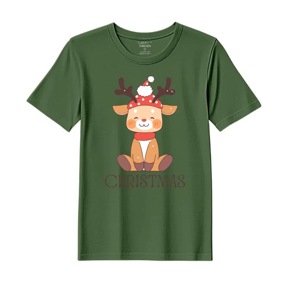 BYFT Threads Large Forest ELF Green Polycotton T-Shirt - Christmas "Christmas Deer" Printed Design, Premium Holiday Collection