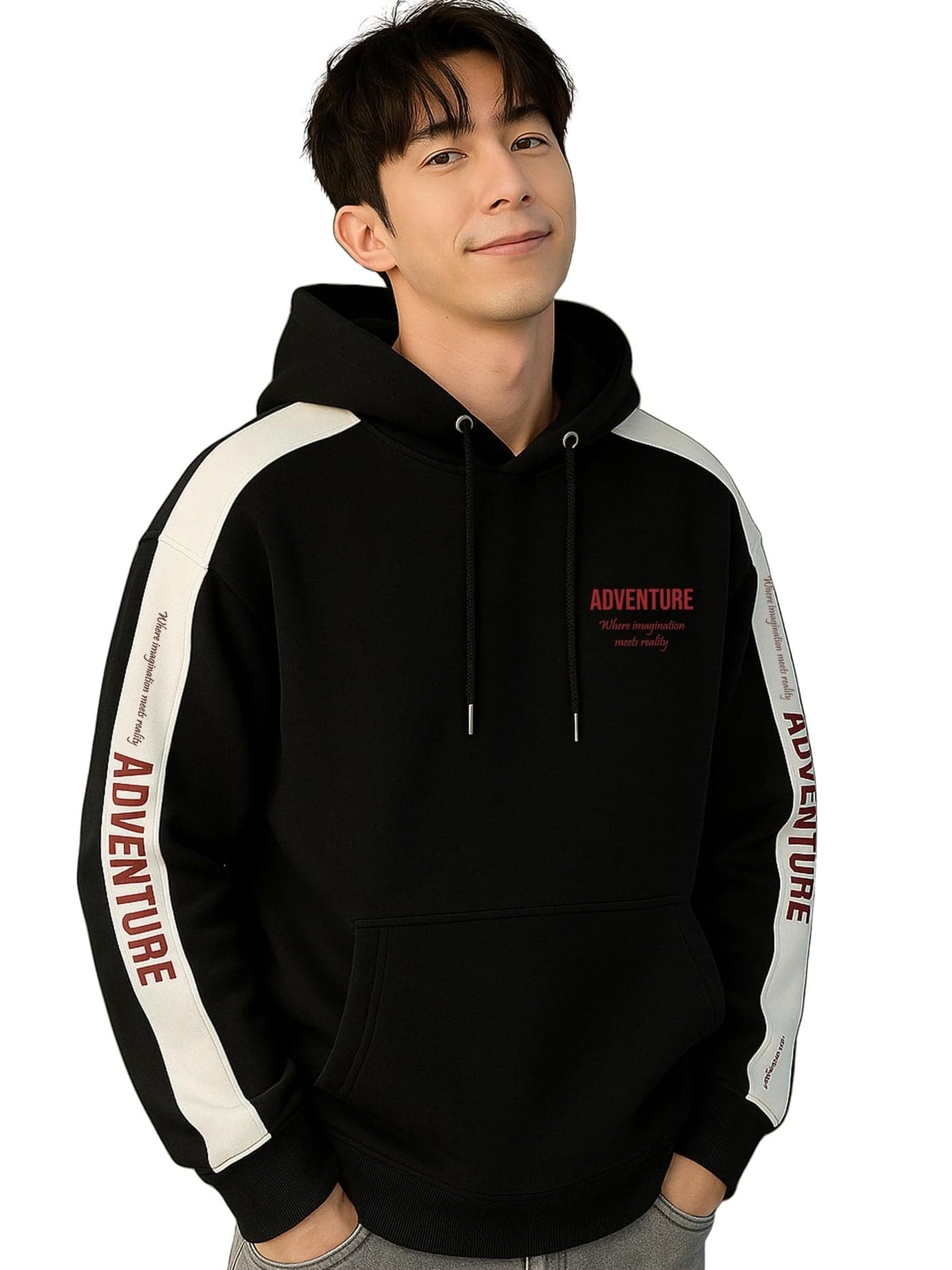 Jump Cuts Mens Printed Hooded Neck Full Sleeve Black and White Cotton Fleece Sweatshirt