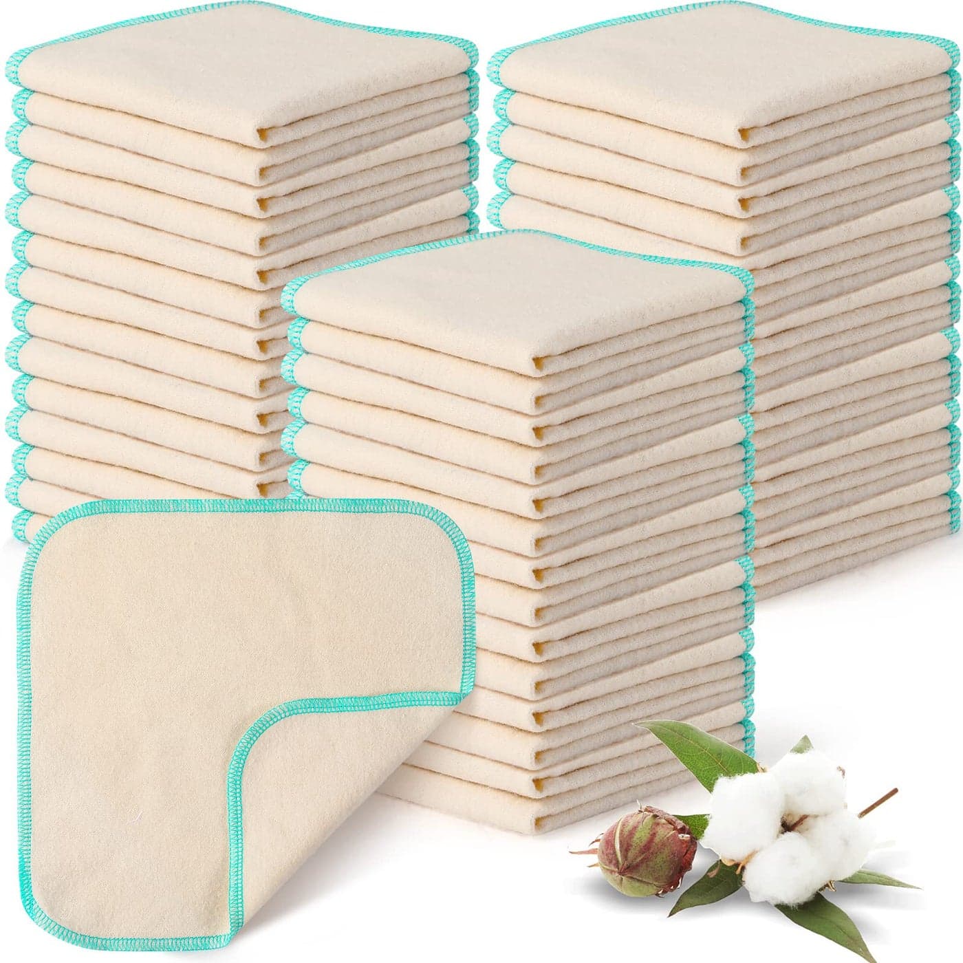 meekoo 45 Pcs Unbleached Flannel Cloth Baby Wipes Reusable Baby Diapers Wipes 8 x 8 Inch Soft and Sturdy Washable Natural Cloth Tissues Outer StitchingBlue