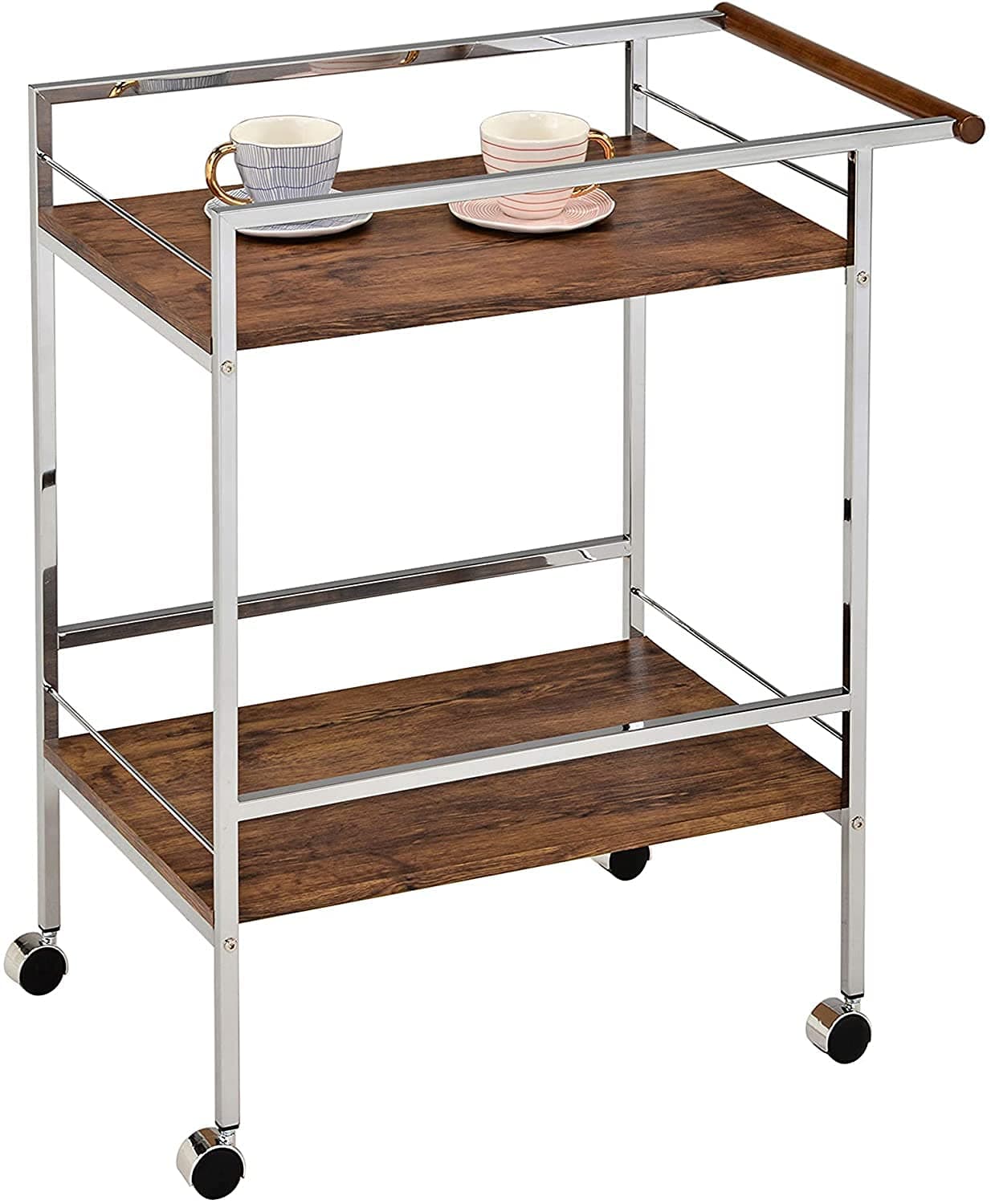 INDIAN DECOR 45348 Wood Metal Rolling Bar Kitchen Serving Cart ChromeOak