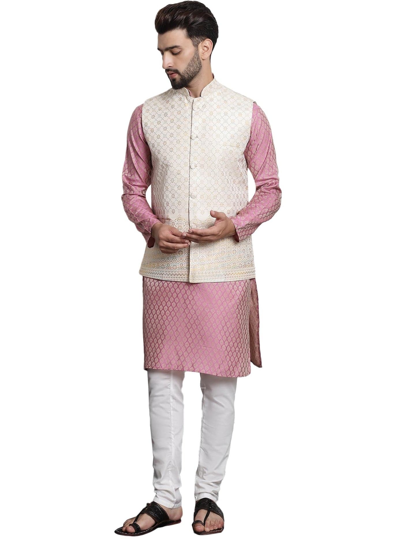 SOJANYA (Since 1958 Men's Jacquard Silk Pink Kurta and Off-White Pyjama With Cream Nehru Jacket