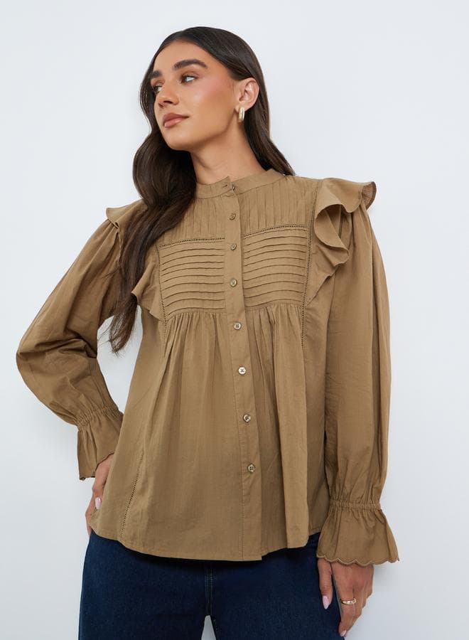 Brown Ruffle Detail Pintuck Blouse — L