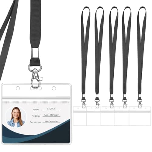 WILLIZTER Clear ID Badge Holder with Lanyard Water Proof Horizontal Display Identification Card Name Card Protector with Zipper Resealable Nametag Holder (Black - 6PCS)