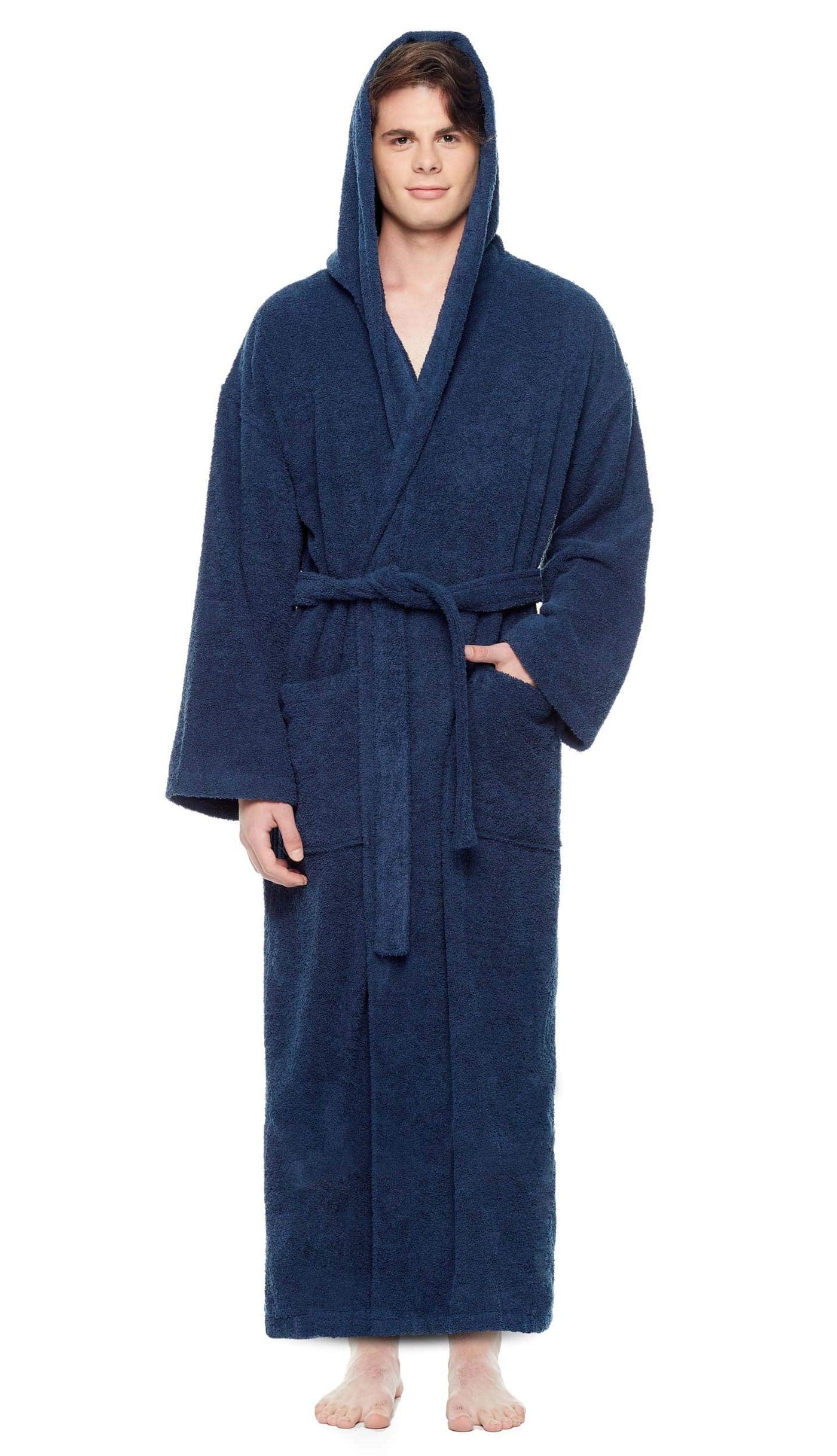 Arus Mens Hooded Classic Turkish Cotton Bath Robe with Full Length Options Navy Blue, XX-Large