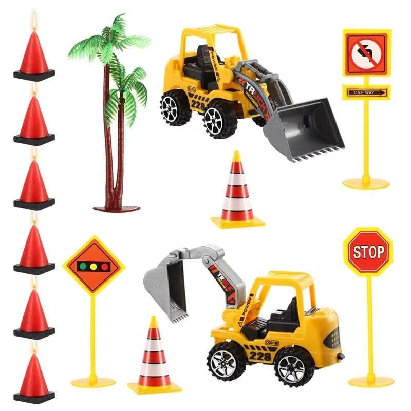 BBTO 14 Pcs Construction Party Decoration Supplies Set Include 6 Count Cone Shaped Molded Candles 2 Construction Truck Decors 1 Palm Tree with Coconut and 5 Barricade Set for Birthday Cake Toppers