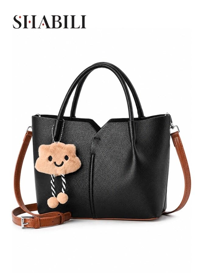 Women Shoulder Bag Crossbody Bag, Ladies Tote Bag Handbag PU Large‑Capacity Multi‑Pocket Plush Bear Pendant Magnetic Snap Closure Textured Hardware, Cross Bags for Daily Casual Party Travel (Black)