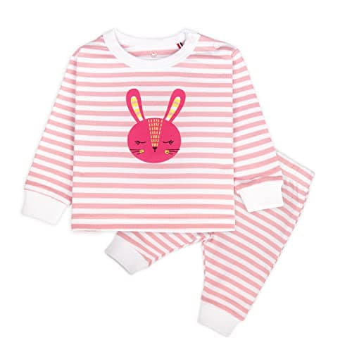 Real Basics Unisex-Child Cotton Fleece Striped Pajama Set Winter Clothing Sets Full Sleeve T-Shirt & Pant -Size(6-9 Months) -Style(Pink Bunny)
