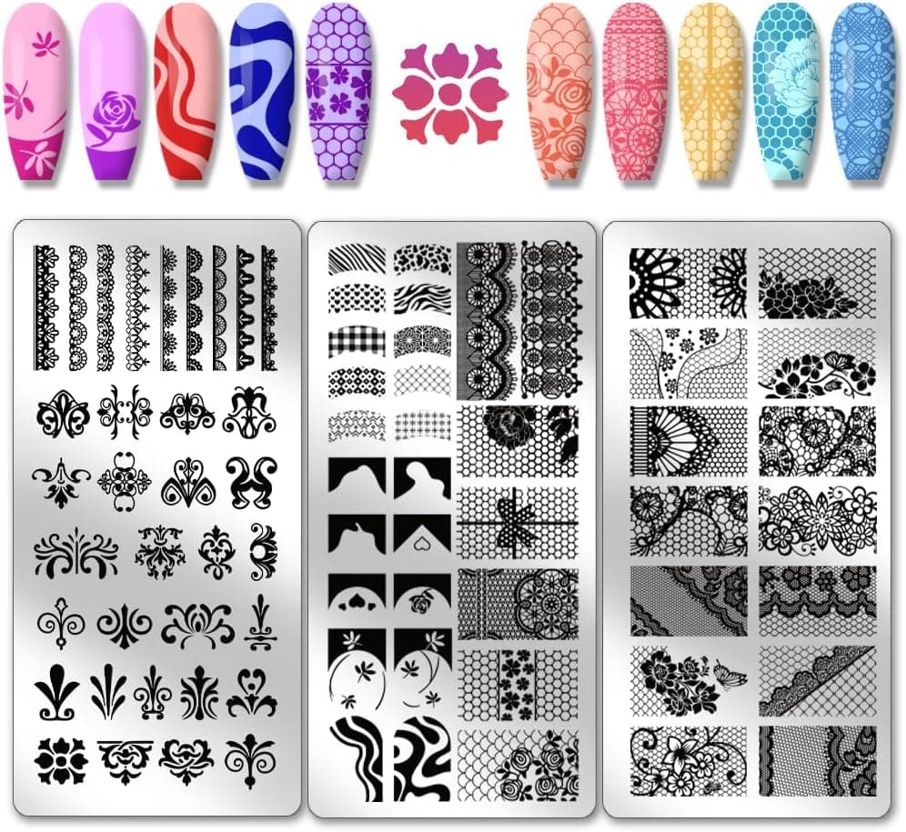 PH PandaHall 3pcs French Lace Pattern Nail Stamp Plate Flower Lace Nail Art Template Stainless Steel Nail Image Plate Lace Pattern Nails Art Stencils for Women DIY Printing 12x6cm
