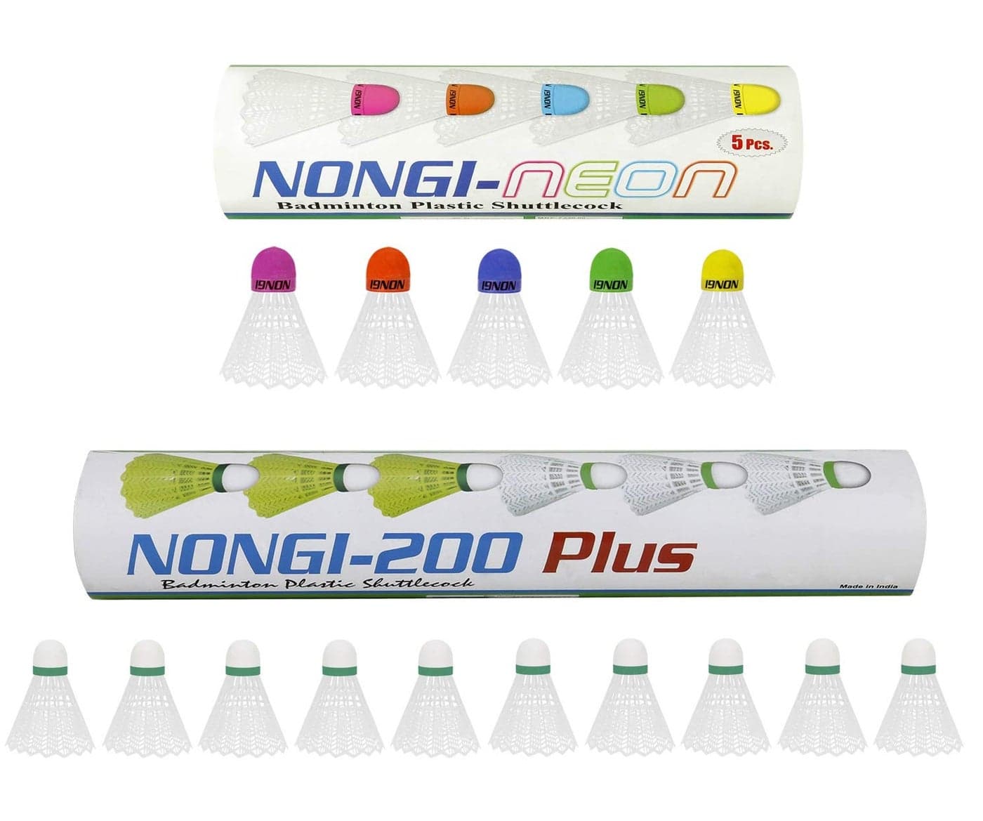 Nongi NeonCombo Pack of 15 Shuttlecocks (5 Multicolored Cork Plastic), 200 Plus(10 White Plastic) for Outdoor Indoor Sports