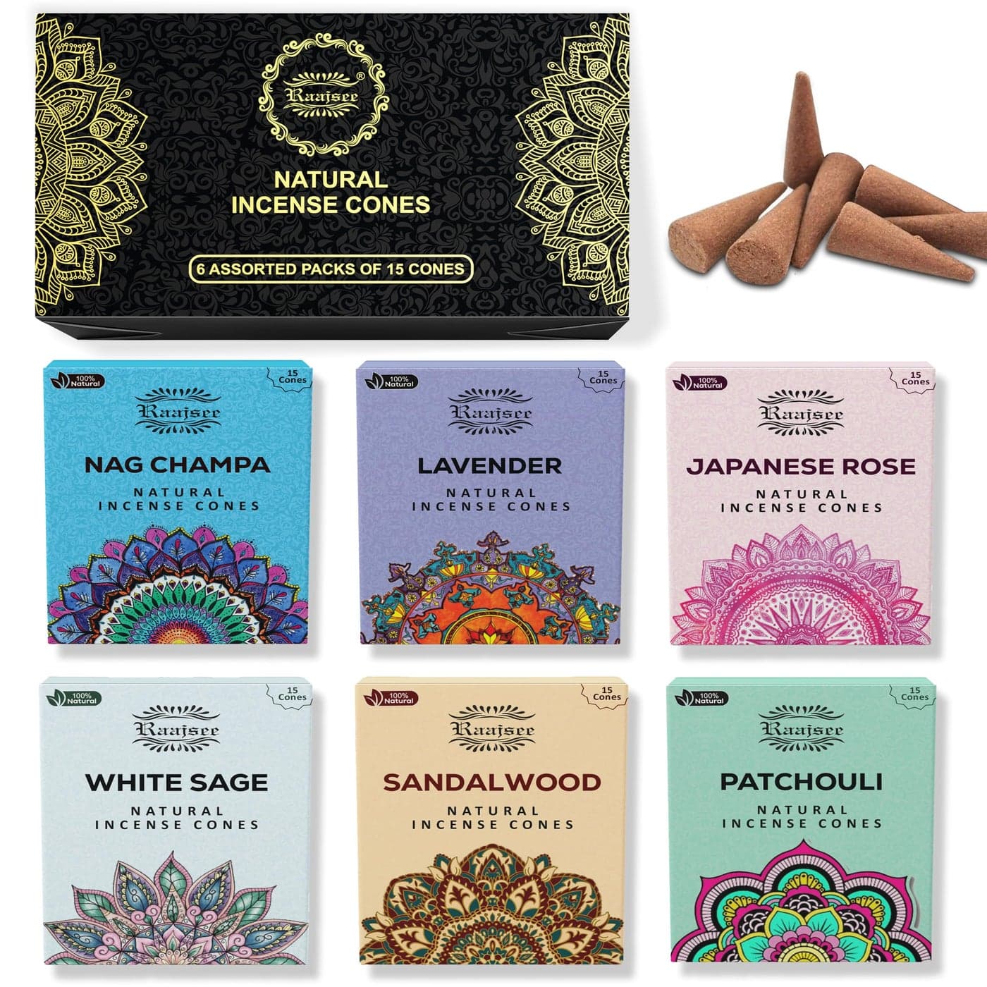 Raajsee Natural Incense Cones6 Pack Mixed Scents Gift Pack 15 pc Each 90 Total Insense Cones Variety Pack 100 Organic Non Toxic Natural Hand Rolled Free from Chemicals Pack 1