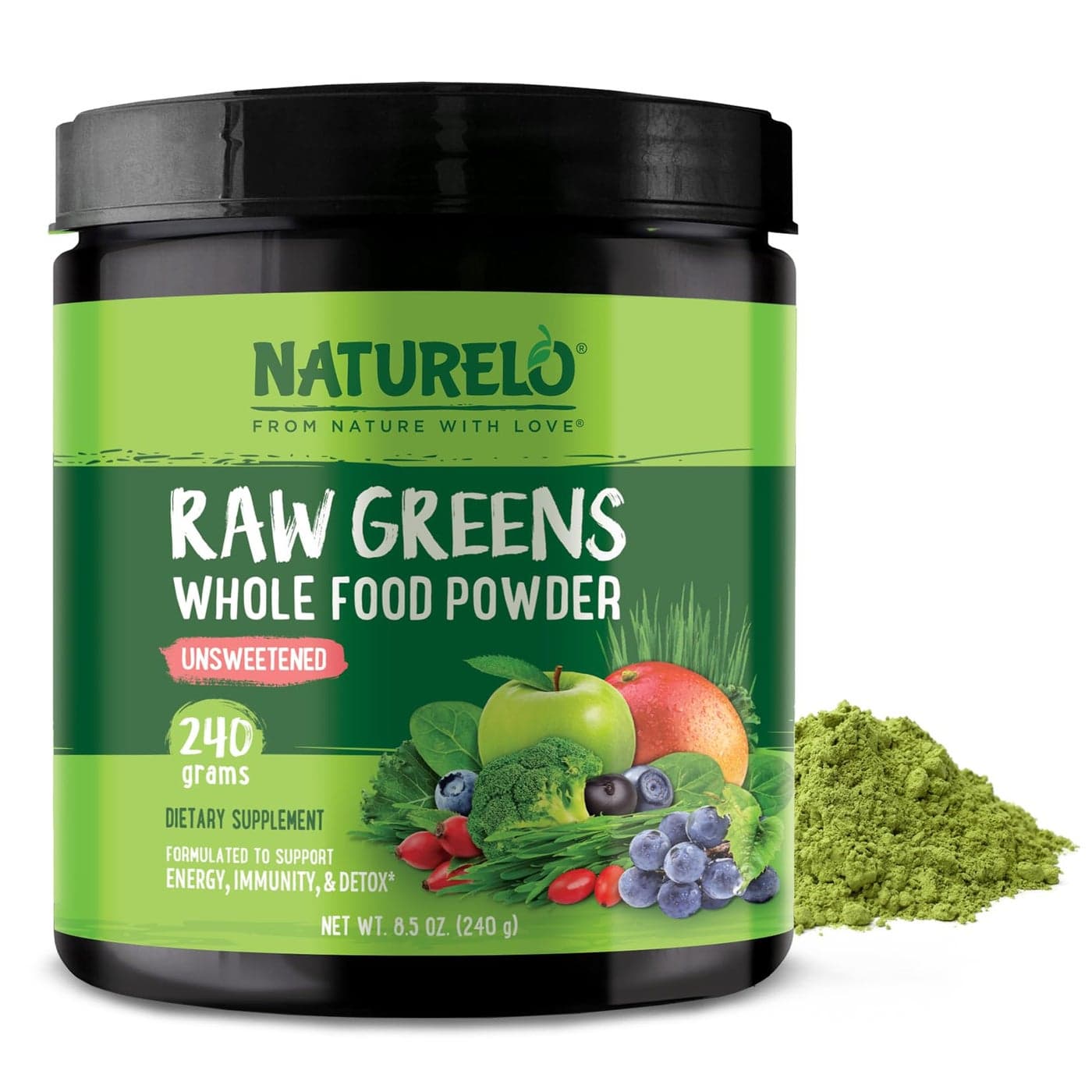 NATURELO Raw Greens Superfood Powder - Unsweetened - Boost Energy, Detox, Enhance Health - Organic Spirulina - Wheat Grass - Whole Food Nutrition from Fruits and Vegetables - 240 Grams