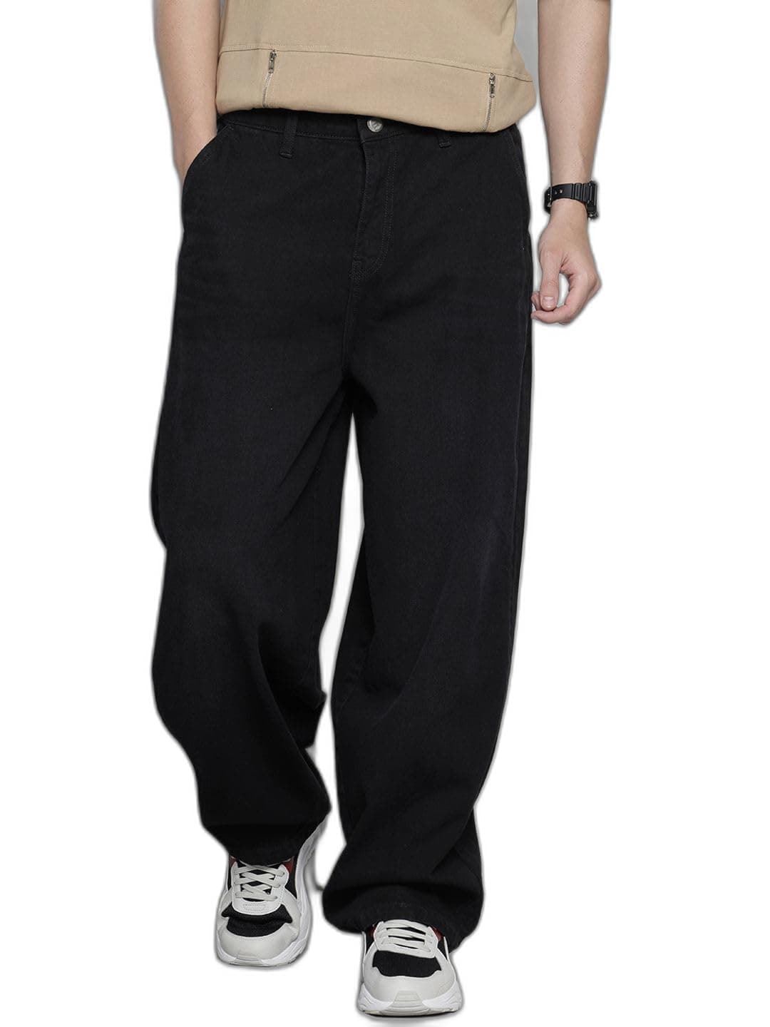 The Indian Garage Co Men Baggy Loose Skater Solid Jeans (Black_34)