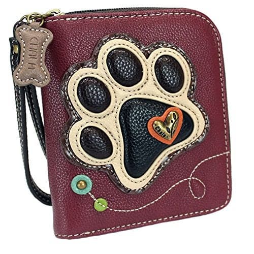 CHALA Zip Around Wallet, Wristlet, 8 Credit Card Slots, Sturdy Pu Leather - Ivory Paw Print - Maroon