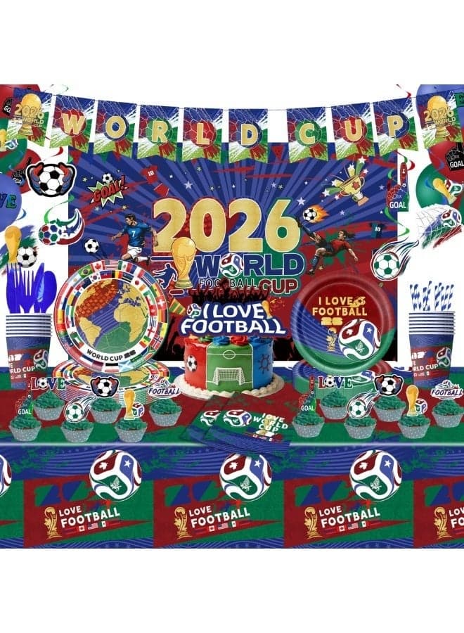 151PCS World Cup Football Theme Party Supplies Set - Includes Backdrop Banner, Bunting, Hanging Spiral Balloons, Napkins Paper, Cups, Tablecloth. Knife Fork Spoon Straws, Fan Supplies Cheering Support Props, Decoration Supplies For World Cup Festival Event International Festival
