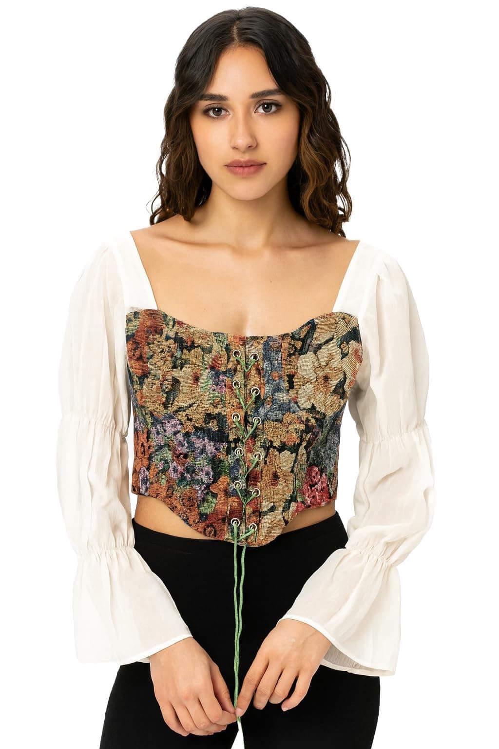 ICW Women French Style Retro Vintage Lace-Up Floral Jacquard Square Neck Smock Puff Sleeve Ruffled Crop Blouse Corset Top Dn299 (in, Alpha, M, Regular, Off-White)