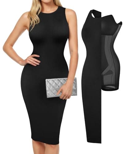 Popilush Women's Bodycon Dress Ruched Sleeveless Slimming Shapewear Black Casual Club Evening Party Cocktail Midi Fall Dresses