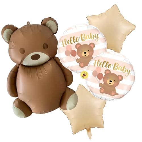 Atpata Funky Hello Baby 35inch Teddy Bear Foil Balloons (Set of 5pcs) Brown Bear & Caramel Stars for New Baby Shower Party Decorations, Newborn Party, Welcome Baby Decor