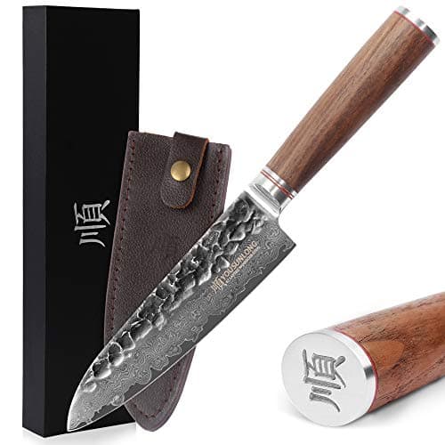 YOUSUNLONG Chef's Knives SE 7 Inch Damascus steel Japanese Hammered Designed For Women - Natural Walnut Wooden Handle with Leather Sheath
