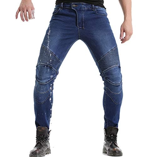 Takuey 2019 Waterproof Men Motorcycle Riding Pants Motocross Racing Jeans with 4 X Knee Hip Pads XL Blue
