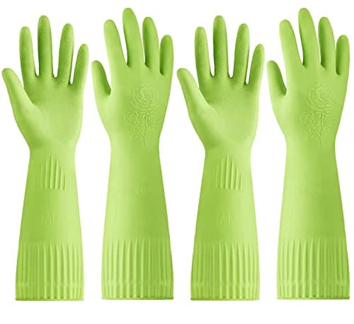 Disfore 2 Pairs of Durable Rubber Gloves, Reusable Non-Slip Cleaning Gloves, Long Sleeve Waterproof Dishwashing Gloves to Protect Your Hands, Soft and Comfortable Premium Kitchen Gloves, Large Green
