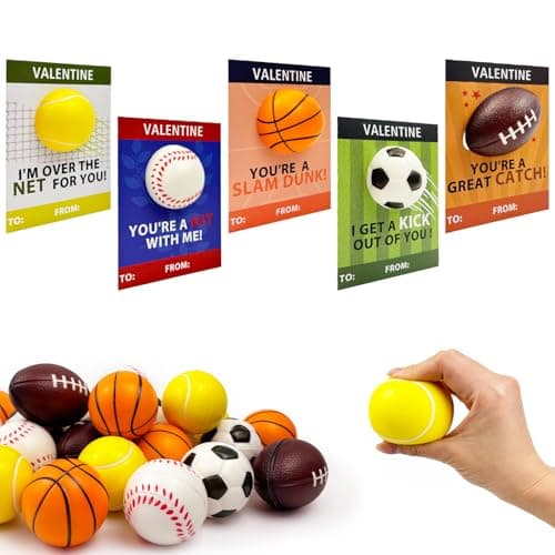 Sports Valentines Cards Gifts for Kids School Classroom 24 Pack Mini Foam Ball Toys with Exchange Cards for Toddler Boys Girls Valentines Party Favors Goodie Bag Stuffer Class Prizes for Students